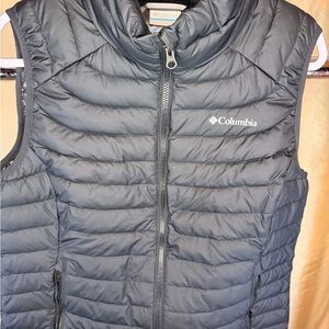 Columbia women’s Black Puffer Vest wi/ Omni-heat (see image for small paint dots